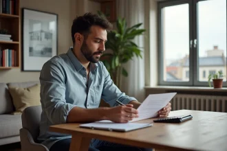 Homme d'une trentaine examine un contrat de location dans un appartement moderne