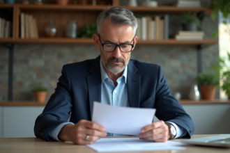 Homme en costume examinant des documents de prêt immobilier
