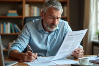 Homme d'âge mûr examinant attentivement un contrat de prêt immobilier à son bureau à domicile, stylo en main, expression concentrée et préoccupée