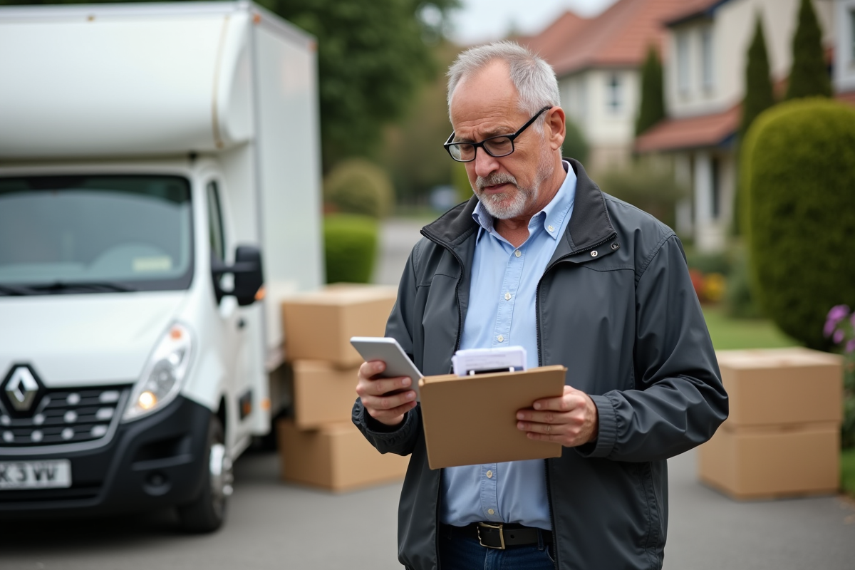 Homme vérifiant une photo de dépenses de déménagement dehors
