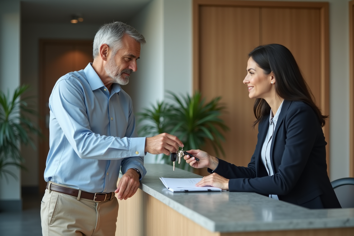 Homme remettant des clés à un gestionnaire dans un bureau