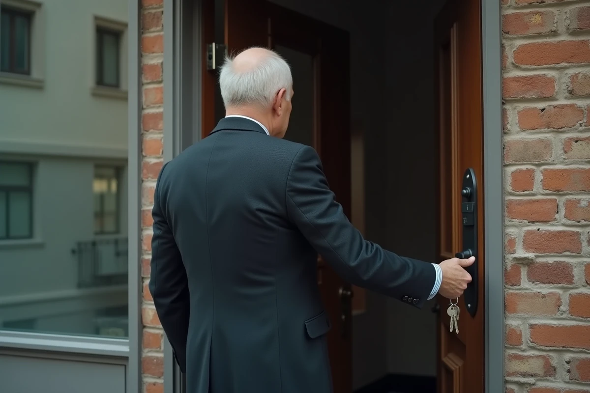 Homme regardant la serrure de l appartement