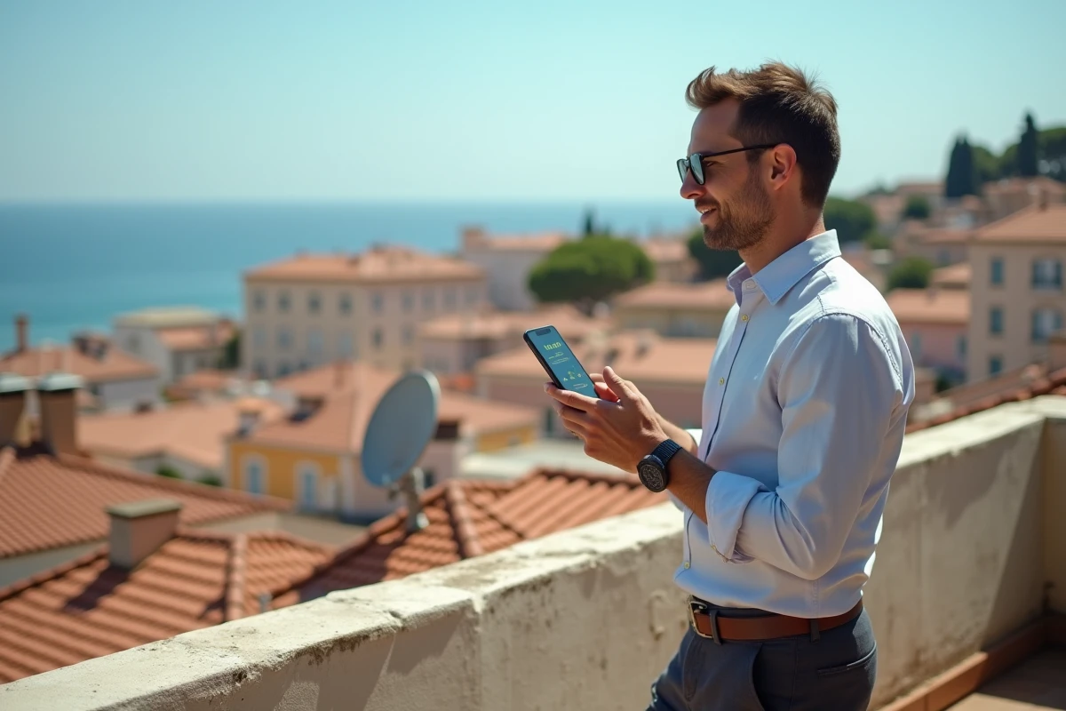 Homme évaluant les quartiers de Nice depuis une terrasse avec une application de sécurité immobilière