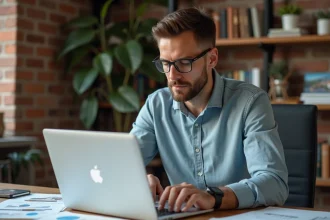 Homme consultant des documents immobiliers sur son bureau pour devenir rentier sans apport