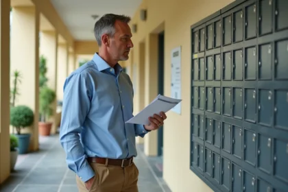Homme d'âge moyen tenant une lettre dans un hall d'immeuble résidentiel