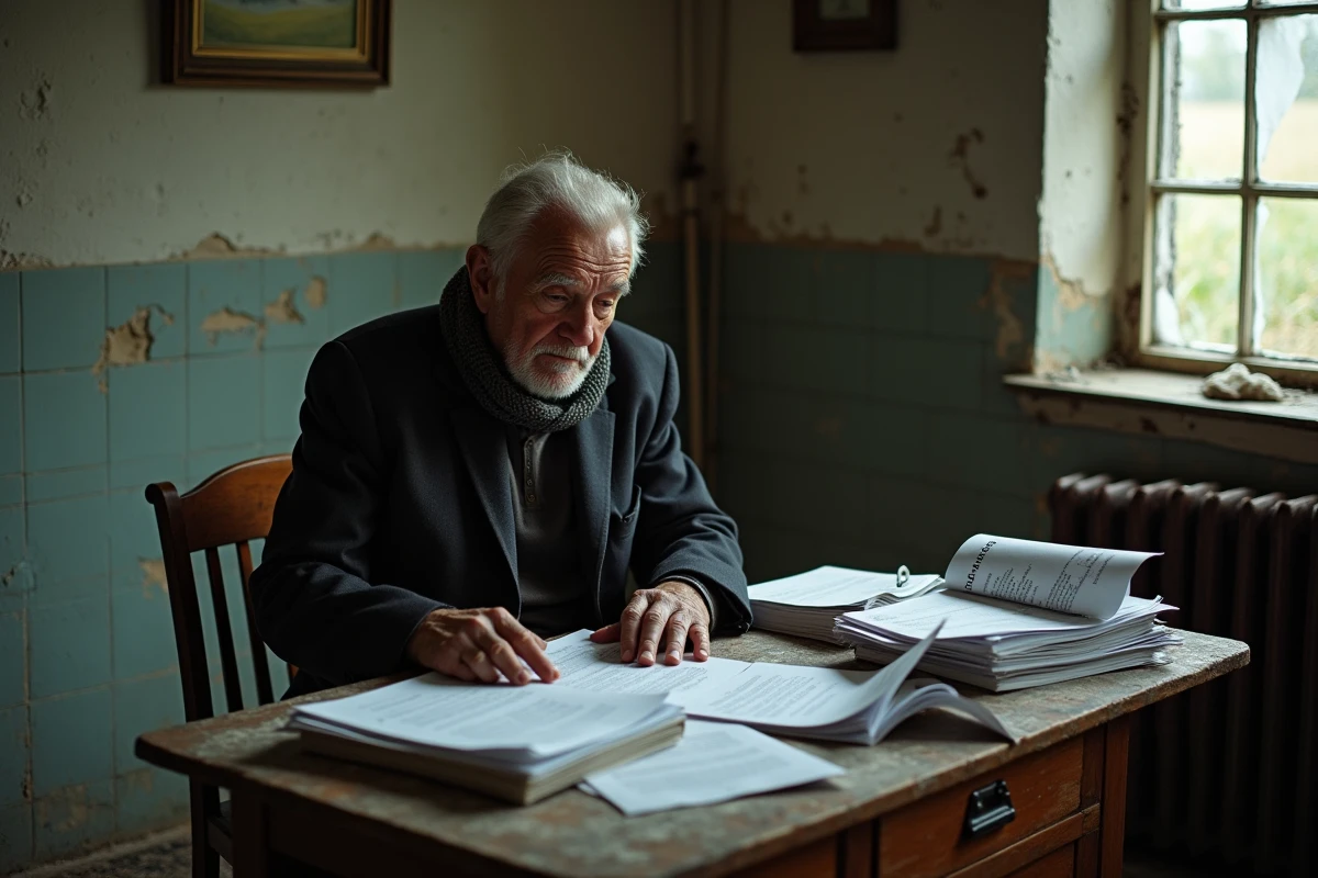 Homme âgé lisant des papiers dans une cuisine délabrée