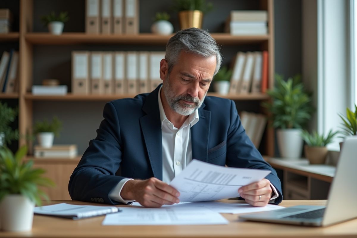 Homme d'âge moyen en costume bleu examine des documents fiscaux