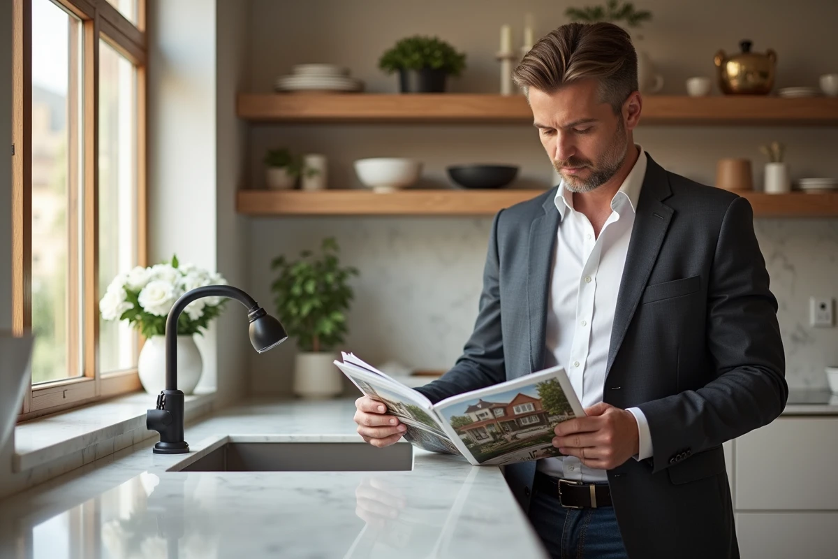 Homme regardant un magazine immobilier dans une cuisine lumineuse