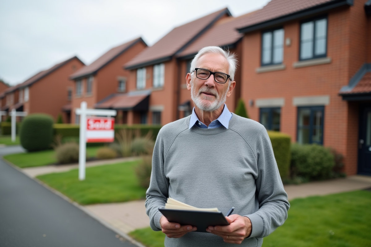 Homme senior devant une maison vendue en extérieur