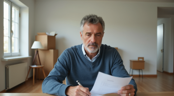 Homme concentré remplissant ses papiers d'impots à la maison