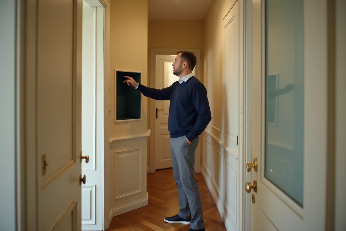Homme expliquant la configuration d'un T1bis avec alcôve dans un couloir d'appartement haussmannien
