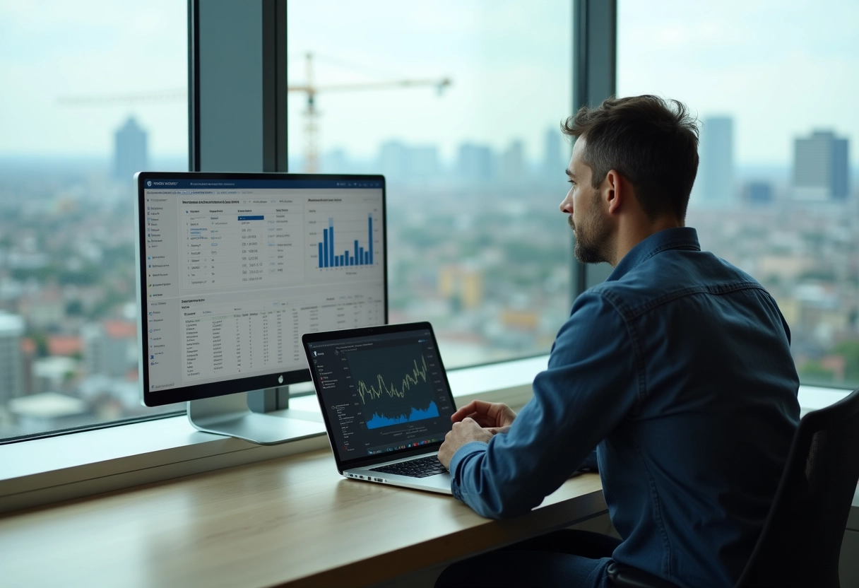 Homme analyse des données immobilières dans un espace de coworking