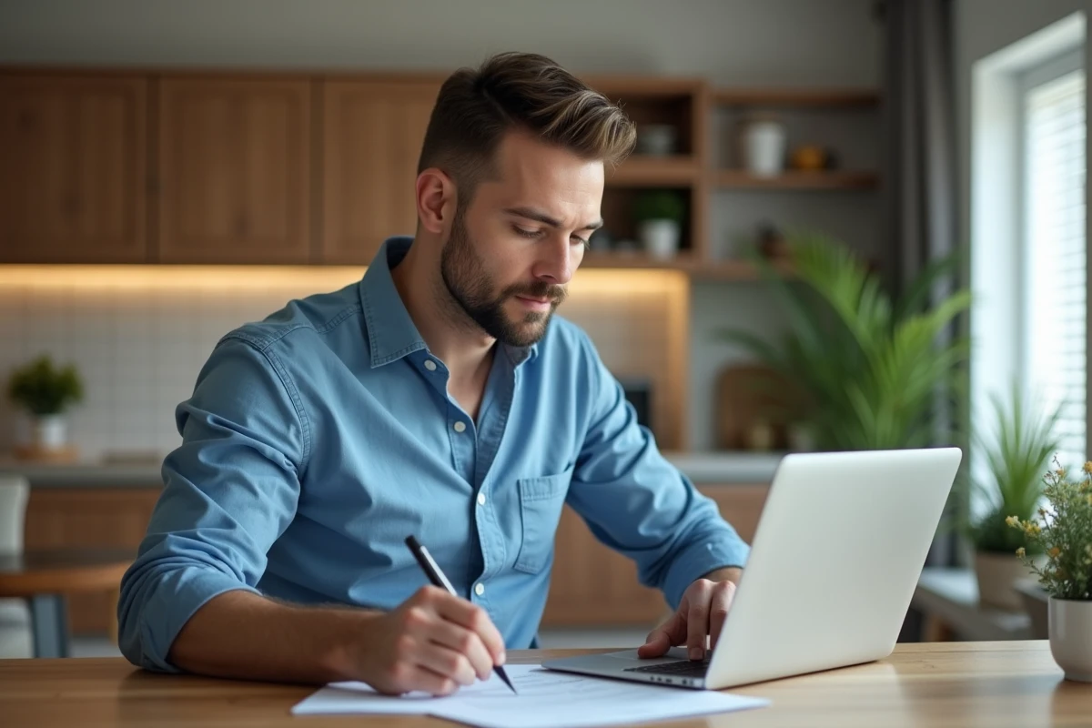 Homme détendu travaillant sur un ordinateur dans une cuisine moderne