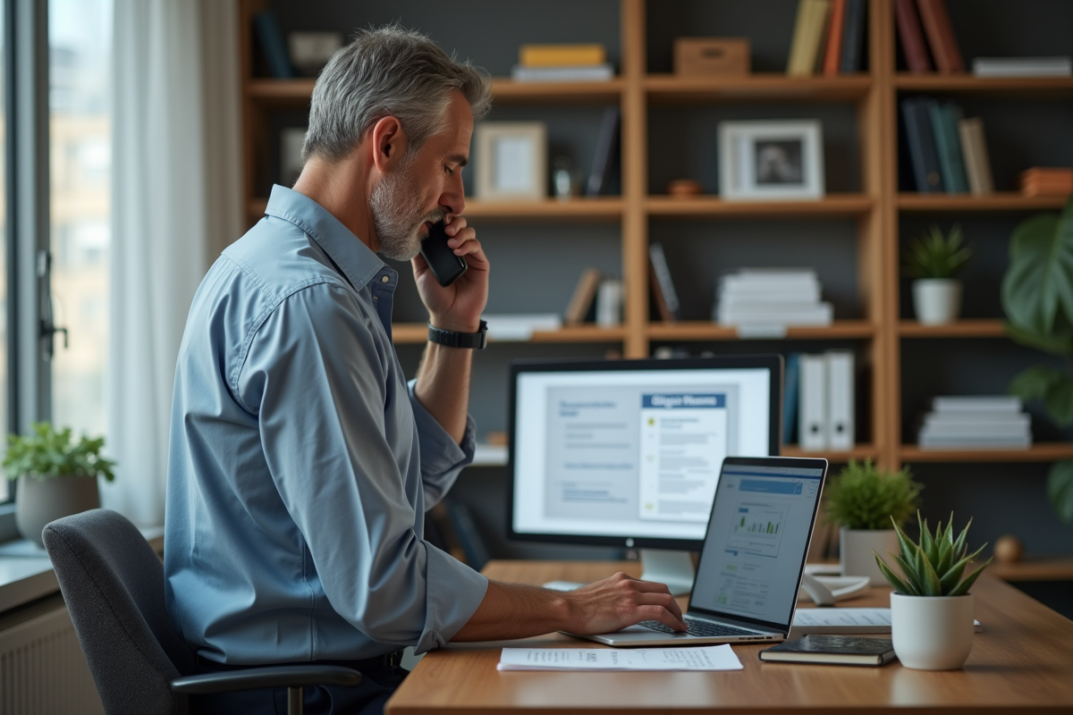Homme au téléphone dans un bureau à domicile avec ordinateur