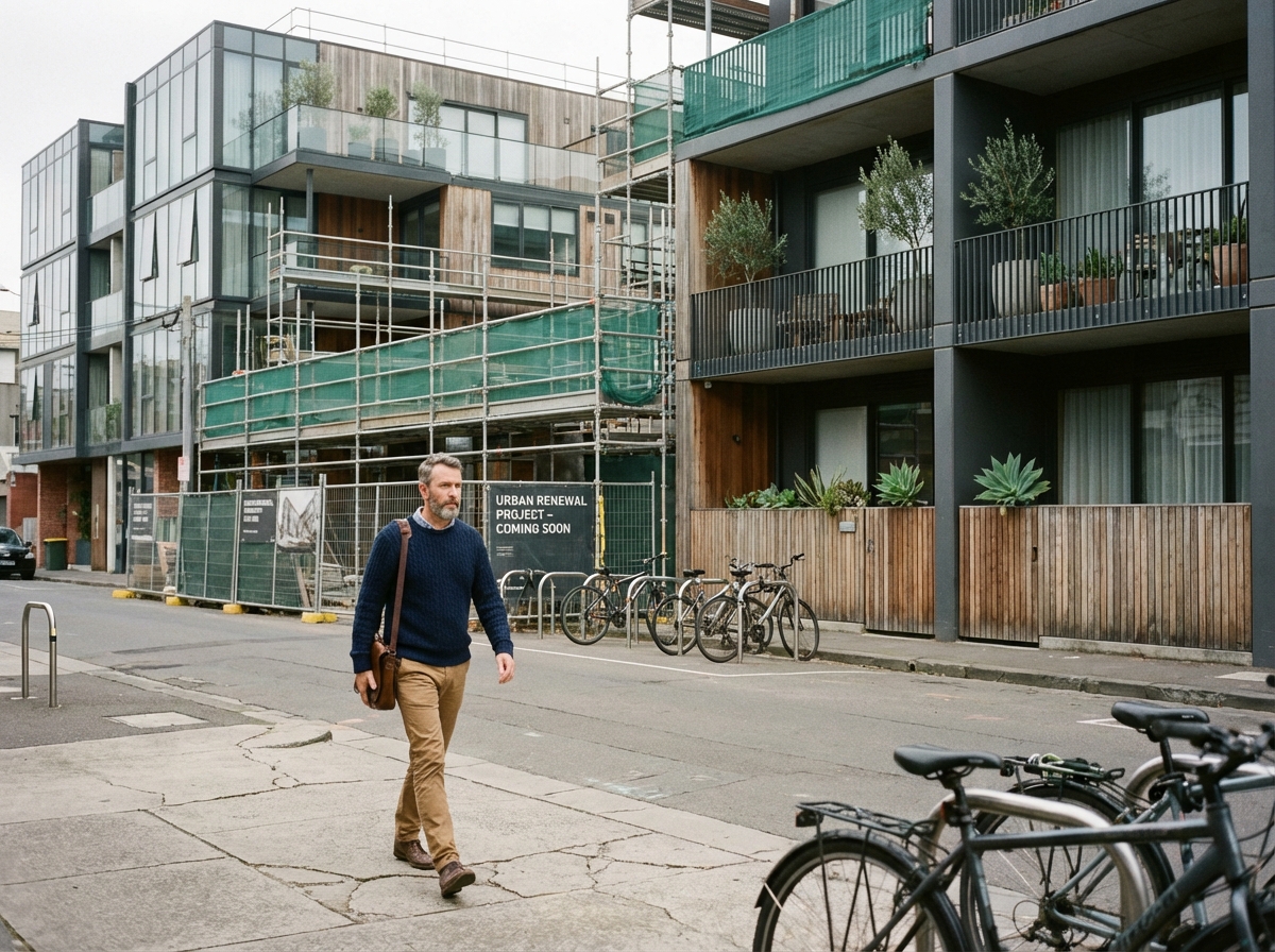 Homme d affaires marche devant immeubles en renovation