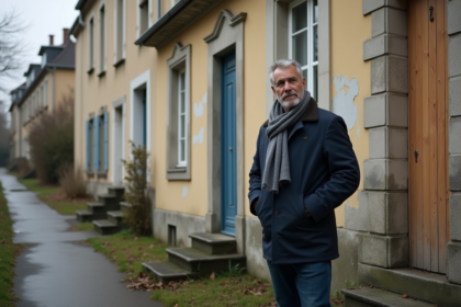 Homme d'âge moyen devant une maison abandonnée en banlieue