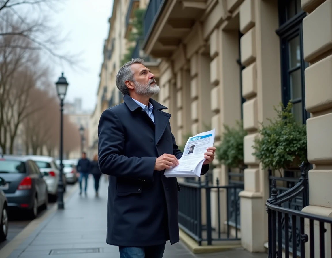 Homme tenant une annonce de location imprimée devant un immeuble haussmannien à Paris, évaluant une offre trouvée sur 123loger