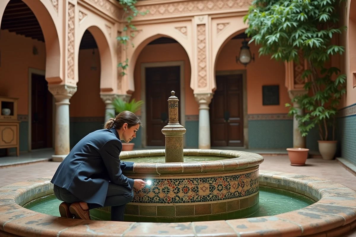 Femme examinant des traces d'humidité sur les carreaux d'un patio de maison à vendre à Marrakech