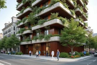 Façade d'immeuble urbain durable avec terrasses végétalisées et passants sur boulevard arboré en 2026