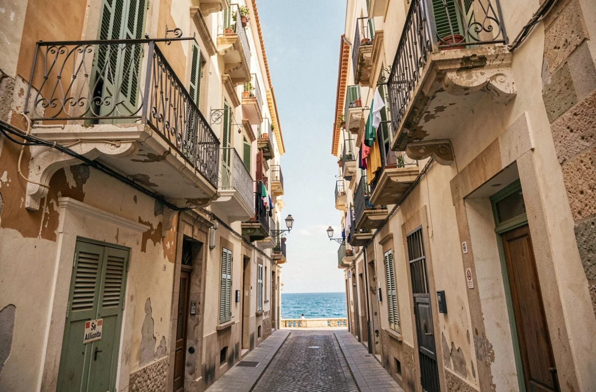 Façade d'immeuble barcelonais avec balcons en fer forgé et vue sur la mer au bout d'une ruelle du quartier Barceloneta