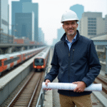 Infrastructures urbaines : rôle, types et enjeux dans la ville moderne Ingénieur urbain inspectant un réseau de voies ferrées en ville