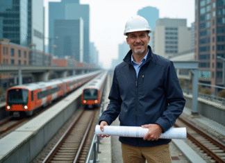 Infrastructures urbaines : rôle, types et enjeux dans la ville moderne Ingénieur urbain inspectant un réseau de voies ferrées en ville