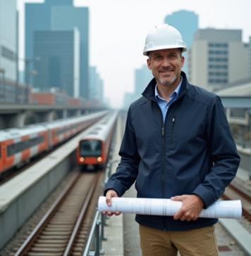 Infrastructures urbaines : rôle, types et enjeux dans la ville moderne Ingénieur urbain inspectant un réseau de voies ferrées en ville