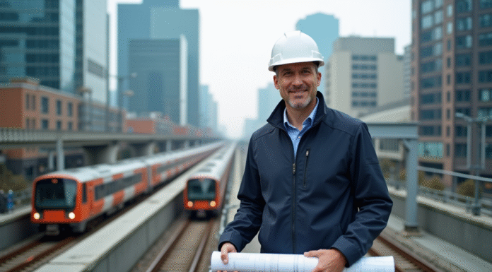 Infrastructures urbaines : rôle, types et enjeux dans la ville moderne Ingénieur urbain inspectant un réseau de voies ferrées en ville