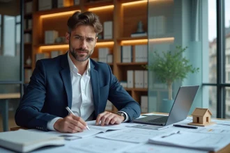 Comptable consultant des documents administratifs liés à l'inscription RCS pour une activité LMNP, avec des formulaires officiels et un modèle de bien immobilier sur son bureau