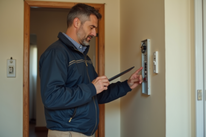 Inspecteur électrique examinant un panneau électrique dans une maison