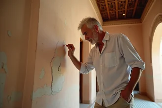 Homme inspectant une fissure sur le mur d'un riad à Marrakech lors d'une visite immobilière
