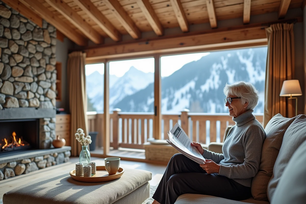 Intérieur chaleureux d'un appartement de montagne aux Menuires avec vue panoramique sur les Alpes, femme consultant une brochure immobilière