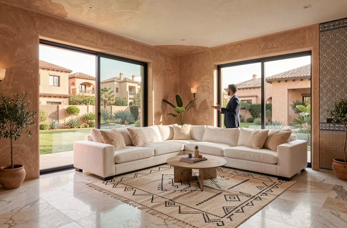 Intérieur moderne d'un appartement à vendre dans une résidence sécurisée de Marrakech
