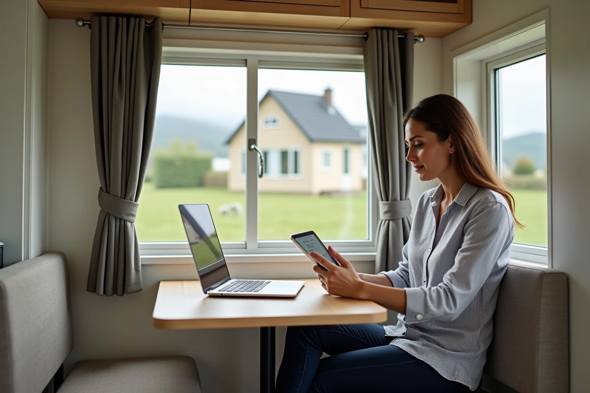 Femme analysant des données immobilières à l'intérieur d'un mobil home moderne avec vue sur le terrain extérieur