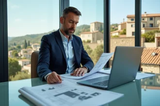 Investisseur immobilier analysant des documents de propriété dans un bureau moderne avec vue sur une ville méditerranéenne ensoleillée