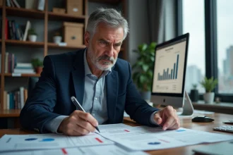 Investisseur immobilier inquiet analysant des documents financiers suspects sur son bureau, signaux d'alerte dans un dossier IDR