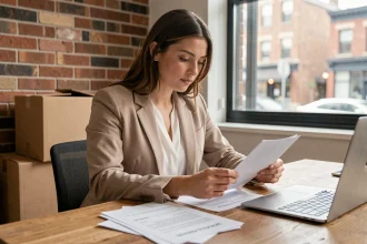 Jeune femme active consultant des documents de demande de logement 1% patronal dans un appartement en cours d'emménagement
