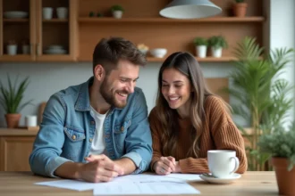 Jeune couple regardant des documents d'achat maison