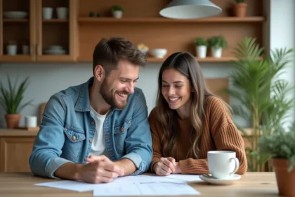 Jeune couple regardant des documents d'achat maison