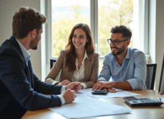 Jeune couple confiant discutant de prêt immobilier au bureau