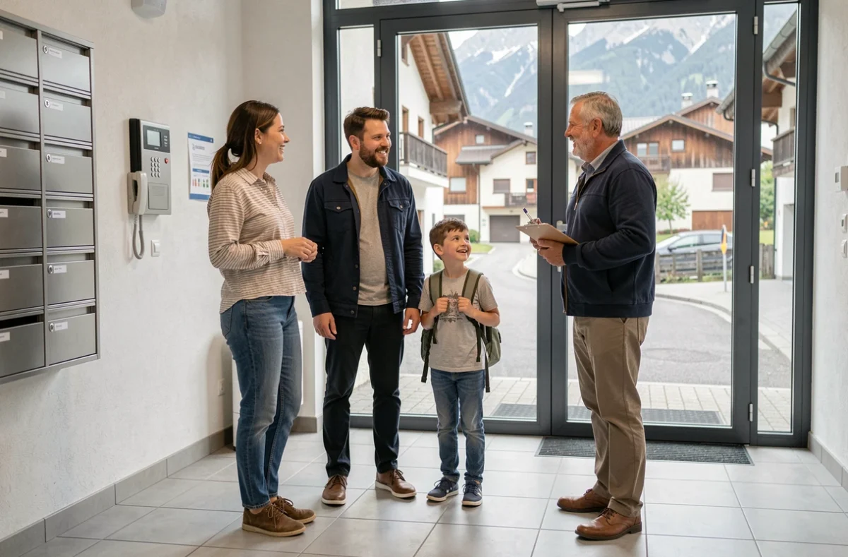 Jeune famille accueillie par un gestionnaire dans le hall d'entrée d'un logement social Halpade à Cluses