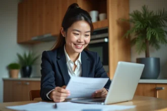 Jeune femme d'affaires compare des taux de prêt immobilier