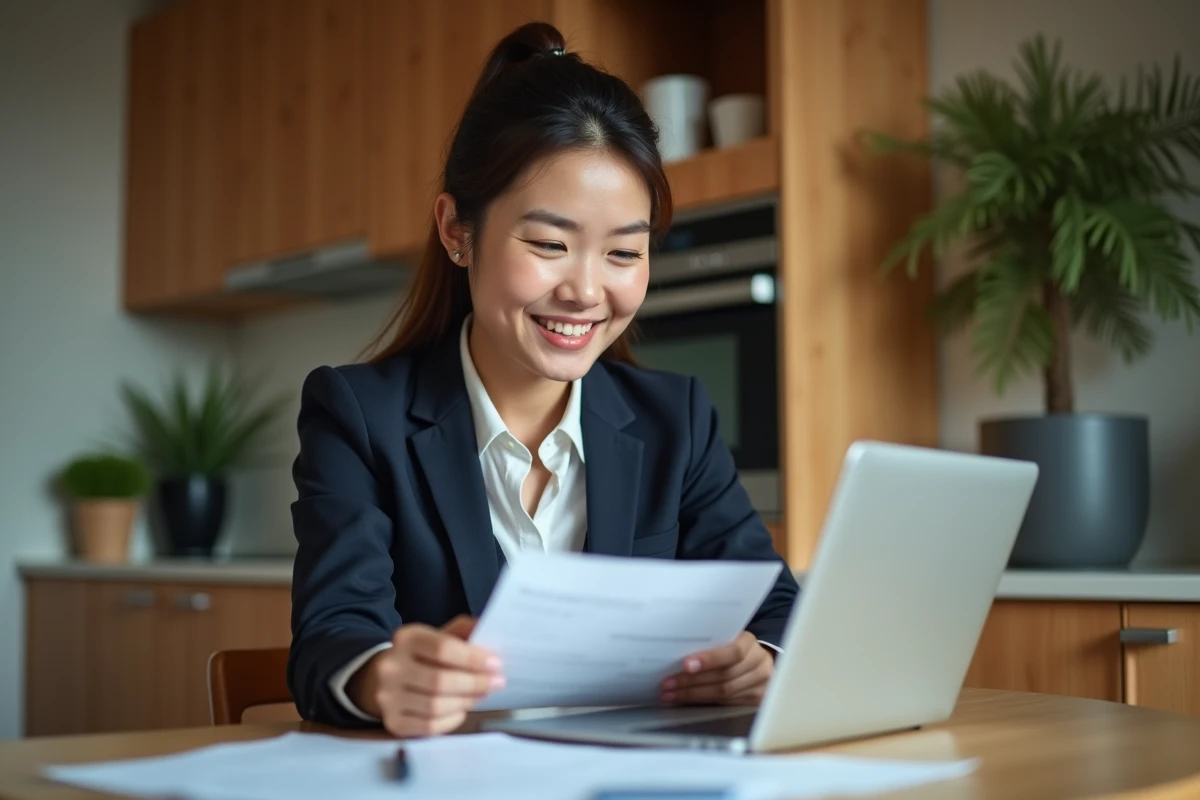 Jeune femme d'affaires compare des taux de prêt immobilier