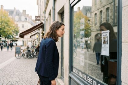 Jeune femme professionnelle examine une annonce immobiliere