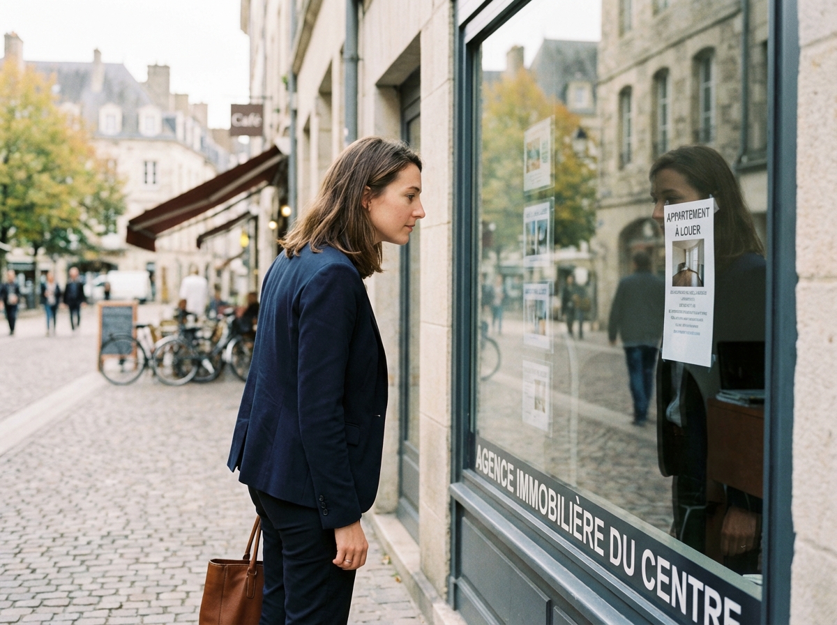 Jeune femme professionnelle examine une annonce immobiliere