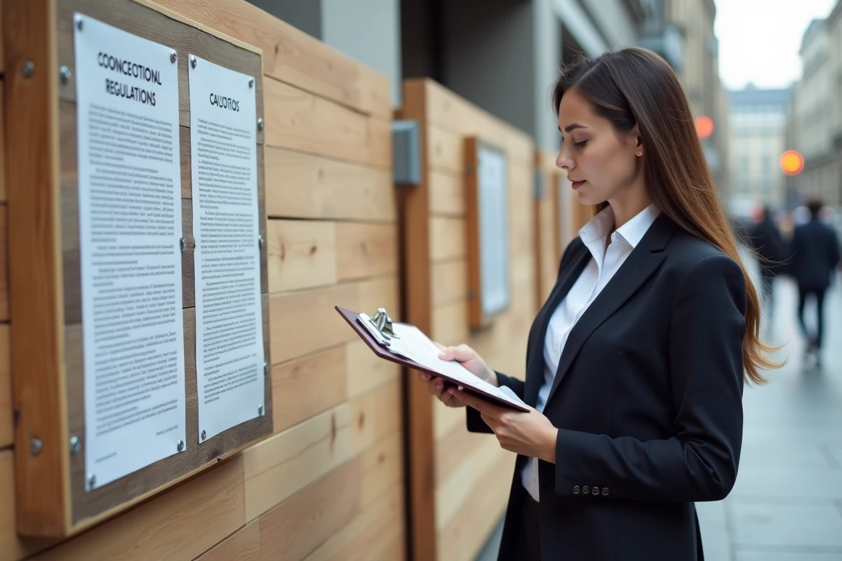 Jeune femme lisant une affiche de chantier devant un bâtiment