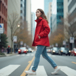 Paysage urbain : comprendre et analyser les caractéristiques principales Jeune femme dans la ville en red windbreaker et jeans