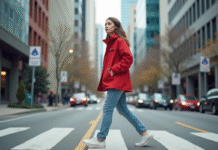 Paysage urbain : comprendre et analyser les caractéristiques principales Jeune femme dans la ville en red windbreaker et jeans