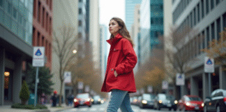 Jeune femme dans la ville en red windbreaker et jeans