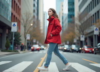 Paysage urbain : comprendre et analyser les caractéristiques principales Jeune femme dans la ville en red windbreaker et jeans